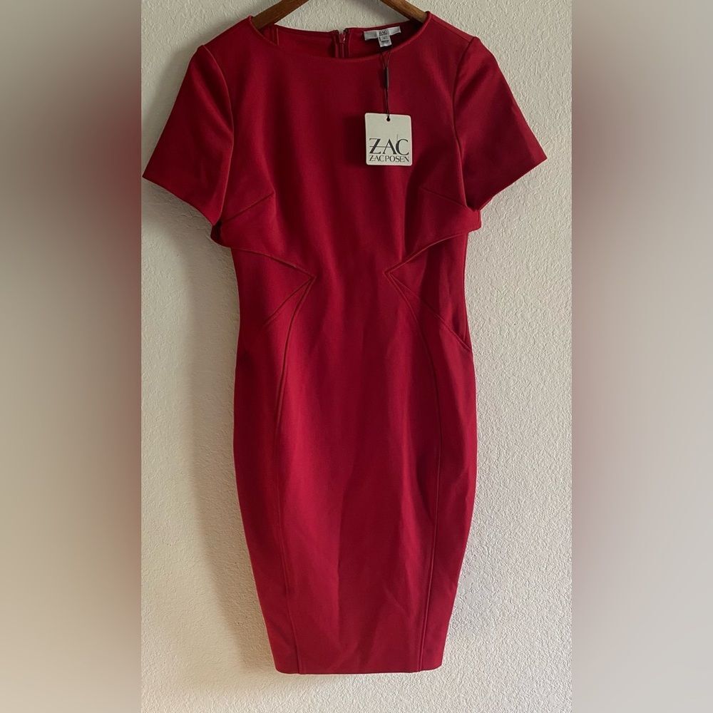 Zac Posen New Short Sleeve Midi Sheath Dress Red Size 4 Holiday Business